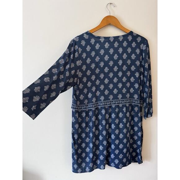 J. Jill Top Small Blue Tunic Flouse Indian Print Slit Side Lagenlook Boho Blouse - Picture 6 of 11